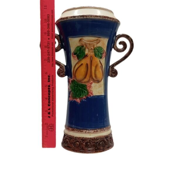 Blue Yellow Fruit Vase 11" Charleston Style Handcrafted Decor - Picture 8 of 12